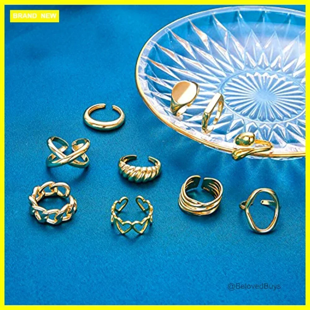 10-Piece Adjustable Chunky Dome Rings Set Gold Plated Size 6-9